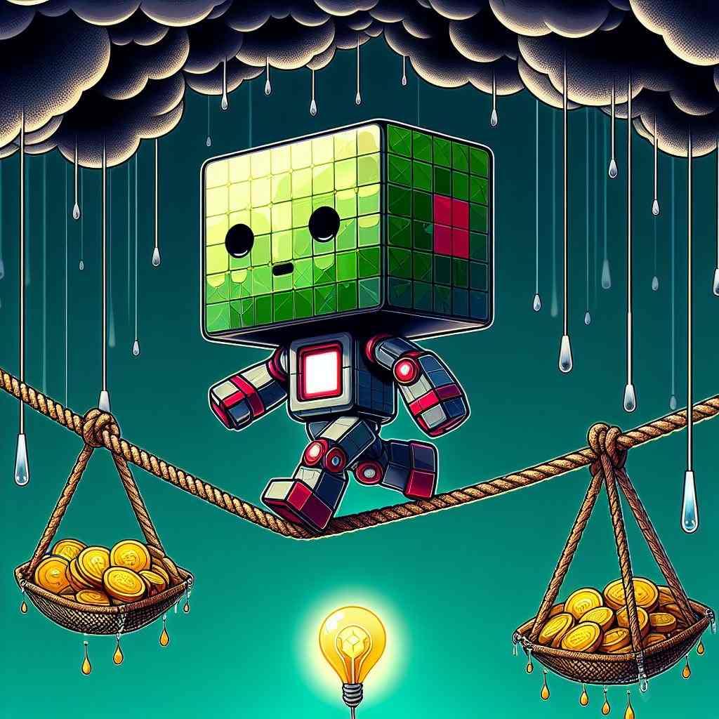 Chibi robot balances on a tightrope, symbolizing the precarious situation