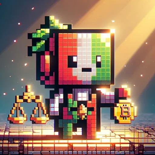 Chibi robot balancing justice scale and crypto coin