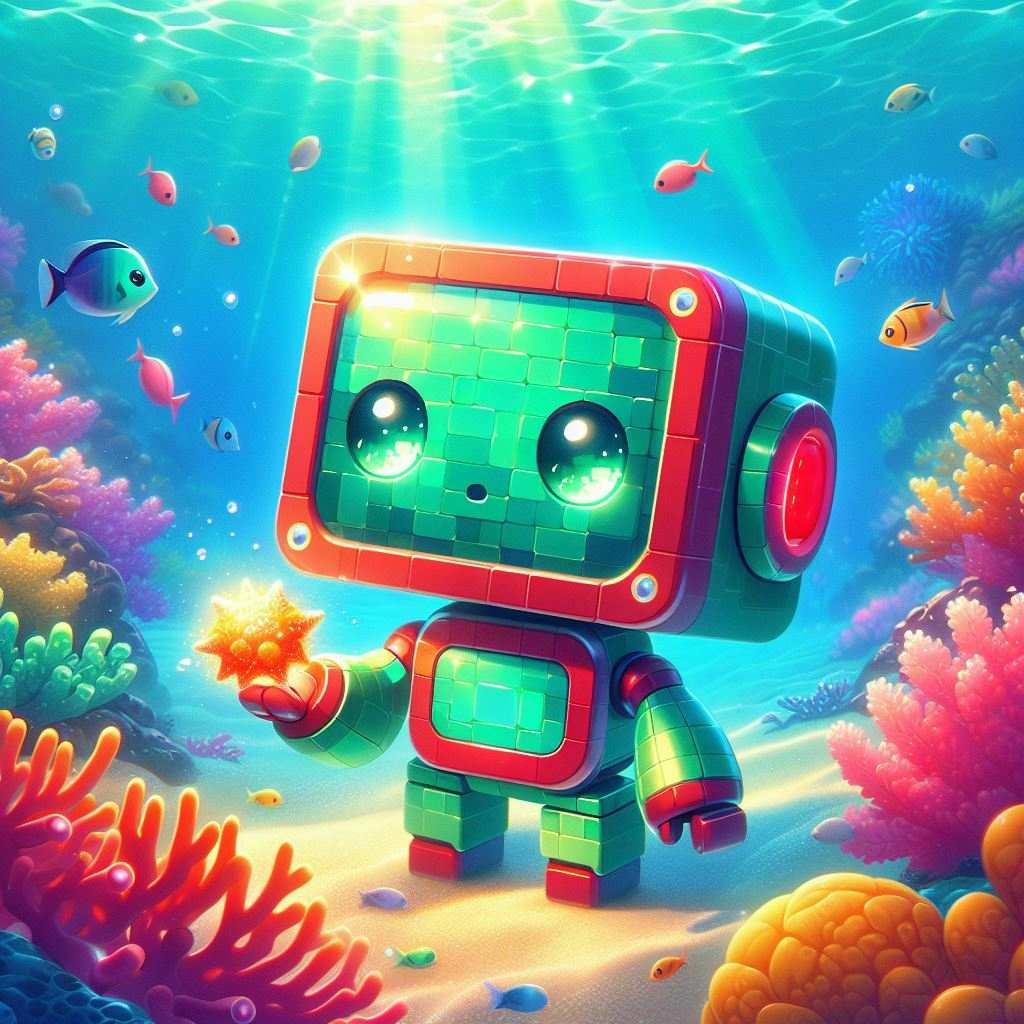 Chibi robot explores vibrant coral reef, holding glowing seashell