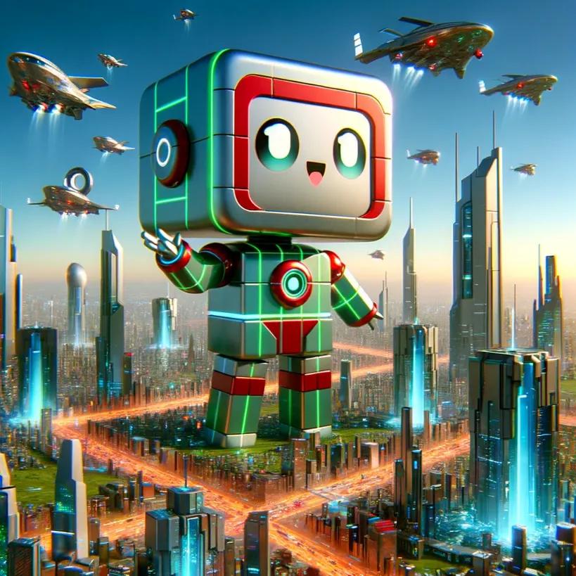 Chibi robot waves in front of futuristic cityscape, crypto predictions