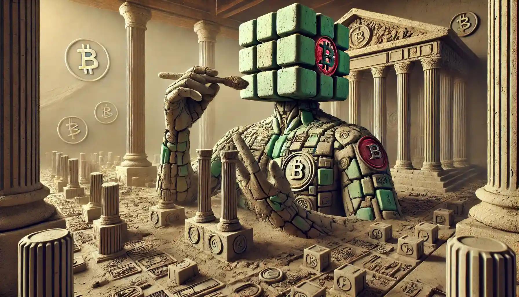 Clay-sculpting robot molds futuristic financial temple from blockchain assets