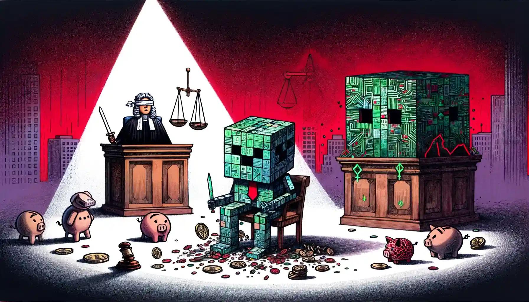 Courtroom with robot, blockchain, and piggy bank (SEC case against Terraform Labs)