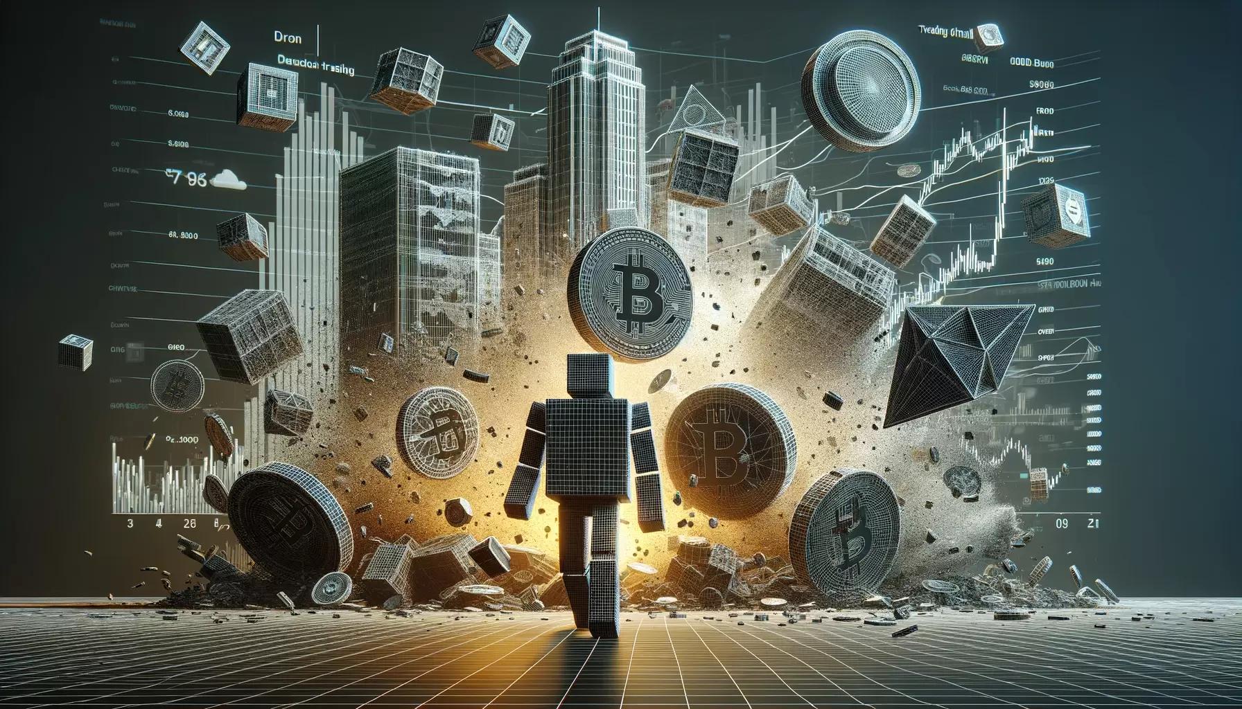 Crumbling crypto market, tidal wave data, defiant robot figure