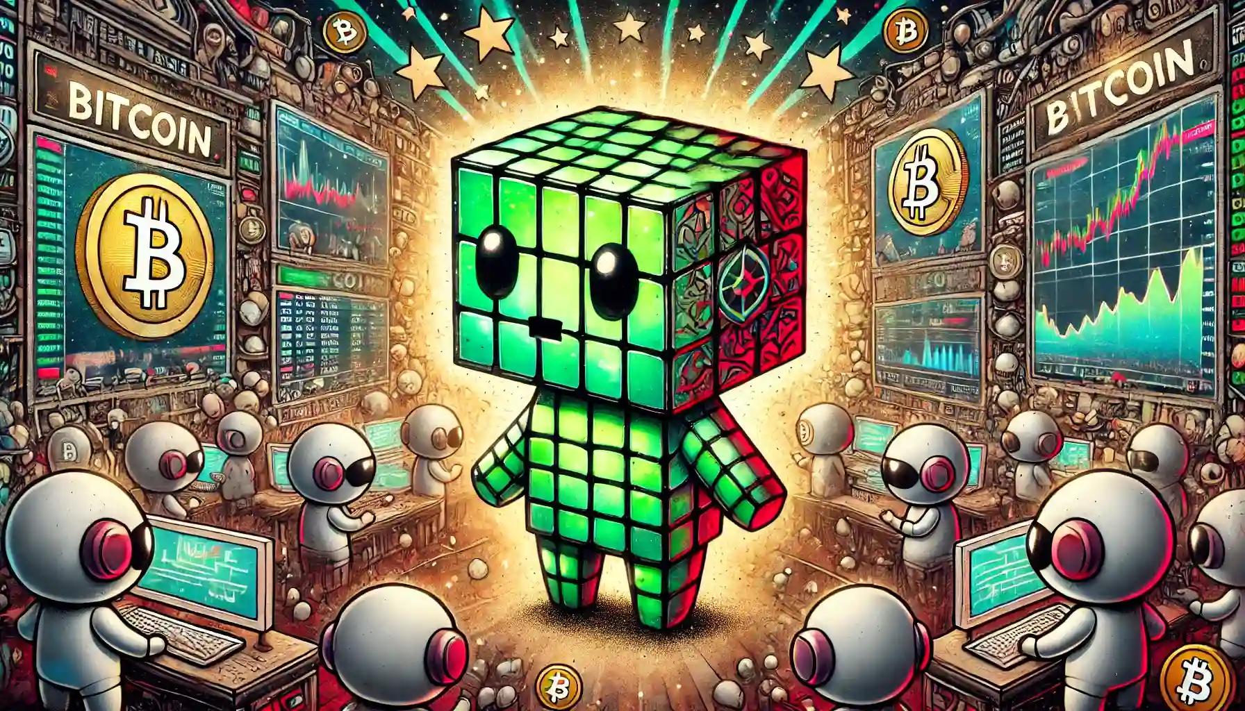 Crypto exchange robot with market screens, reflecting intense Bitcoin activity