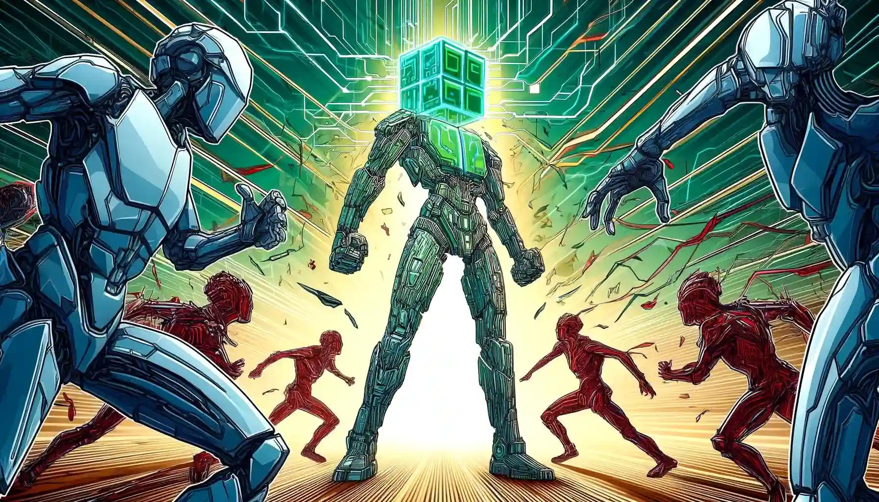 Crypto factions battle, towering mosaic robot, defiance