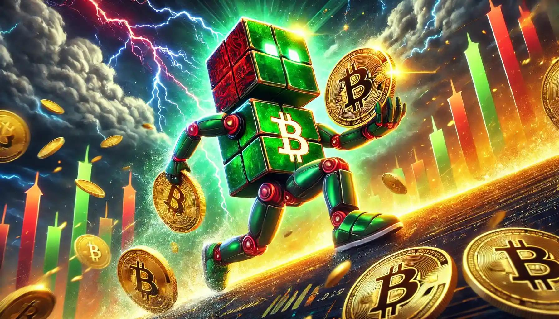 Cubic-headed robot pushes Bitcoin uphill amid volatile market storm