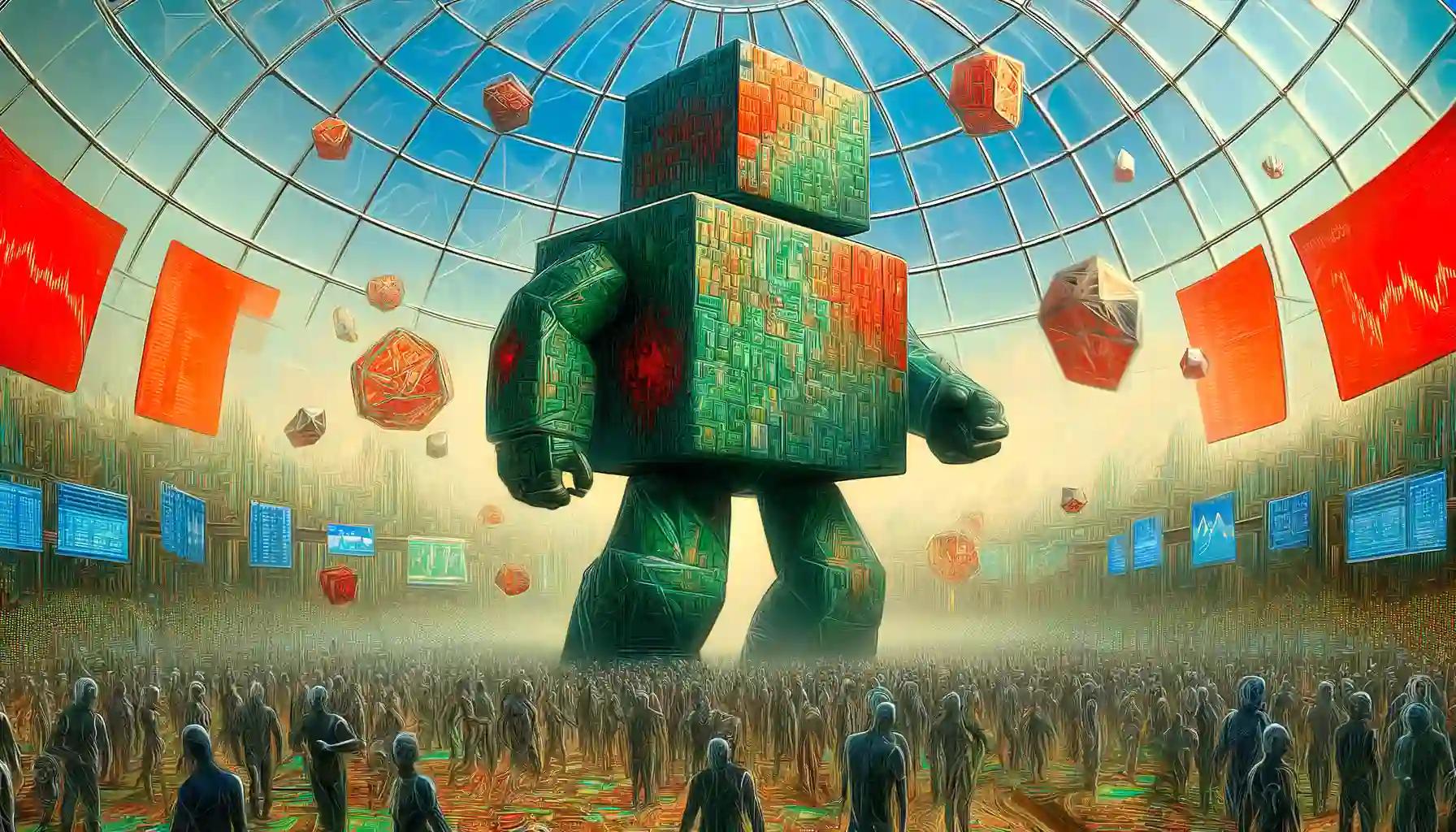 Cubic humanoid robot navigates chaotic digital marketplace