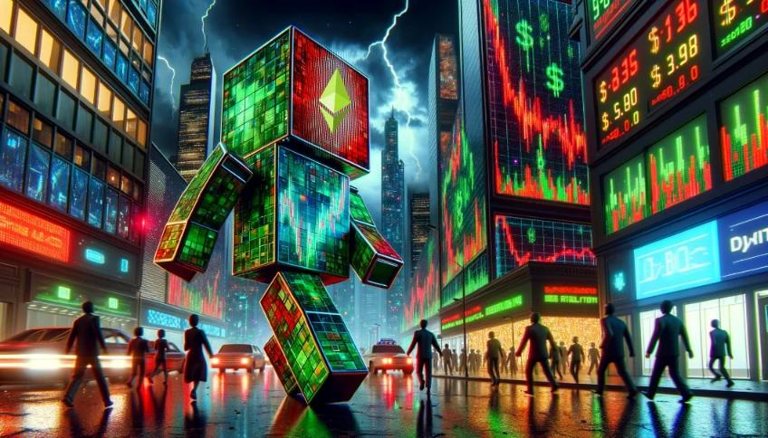 Cubic humanoid robot symbolizing the Renzo Protocol's market turmoil