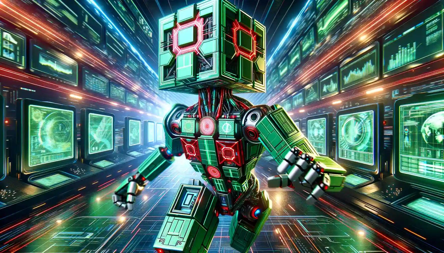 Cubic humanoid robot trading with Telegram bot in a futuristic hub