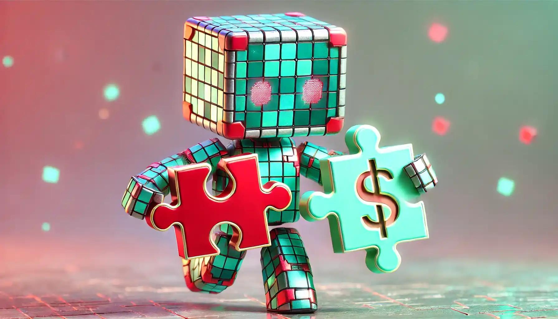 Cubic robot assembling puzzle symbolizing defi bridging financial liquidity gap