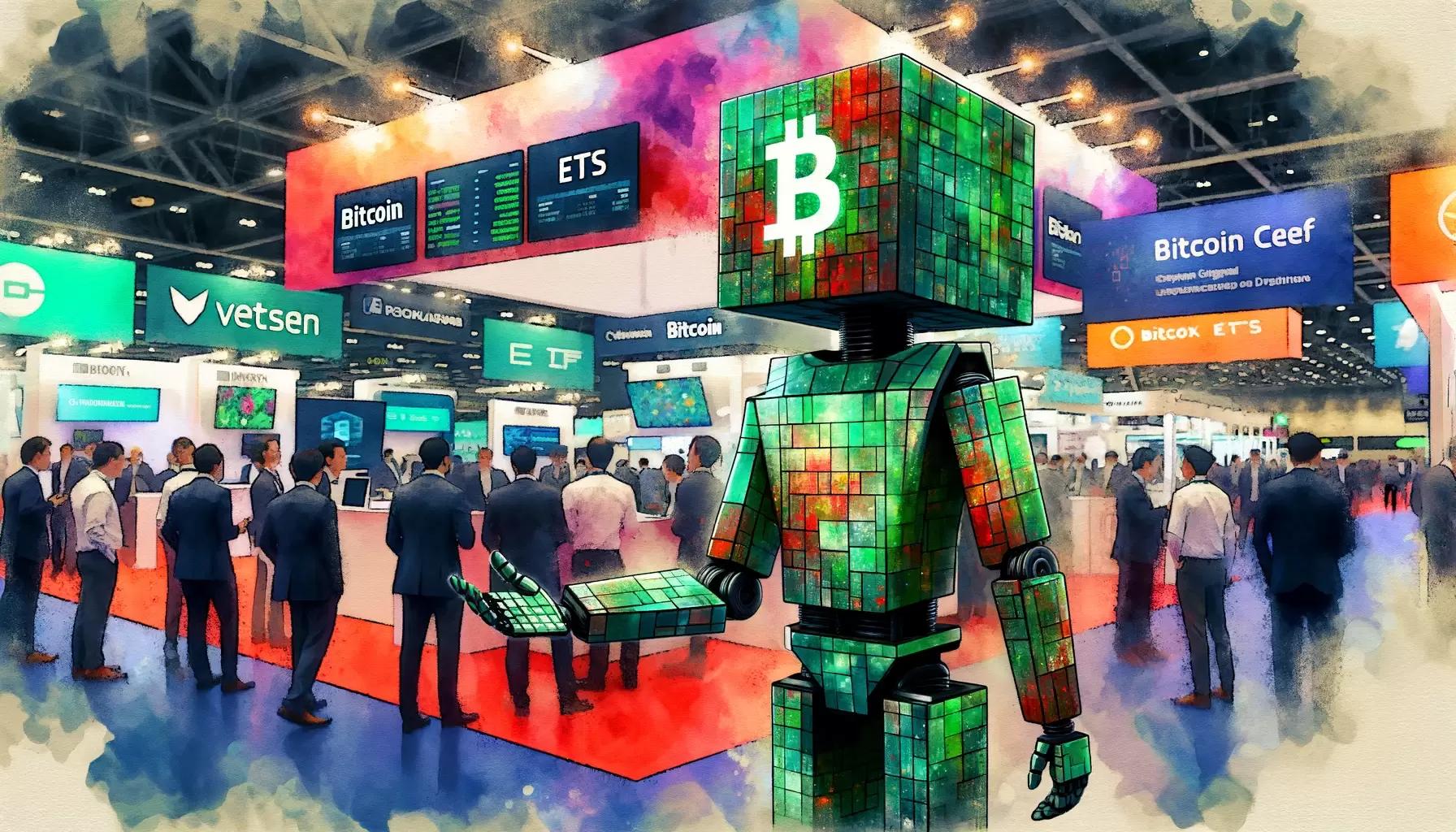 Cubic robot at a finance expo about Australia's Bitcoin ETFs