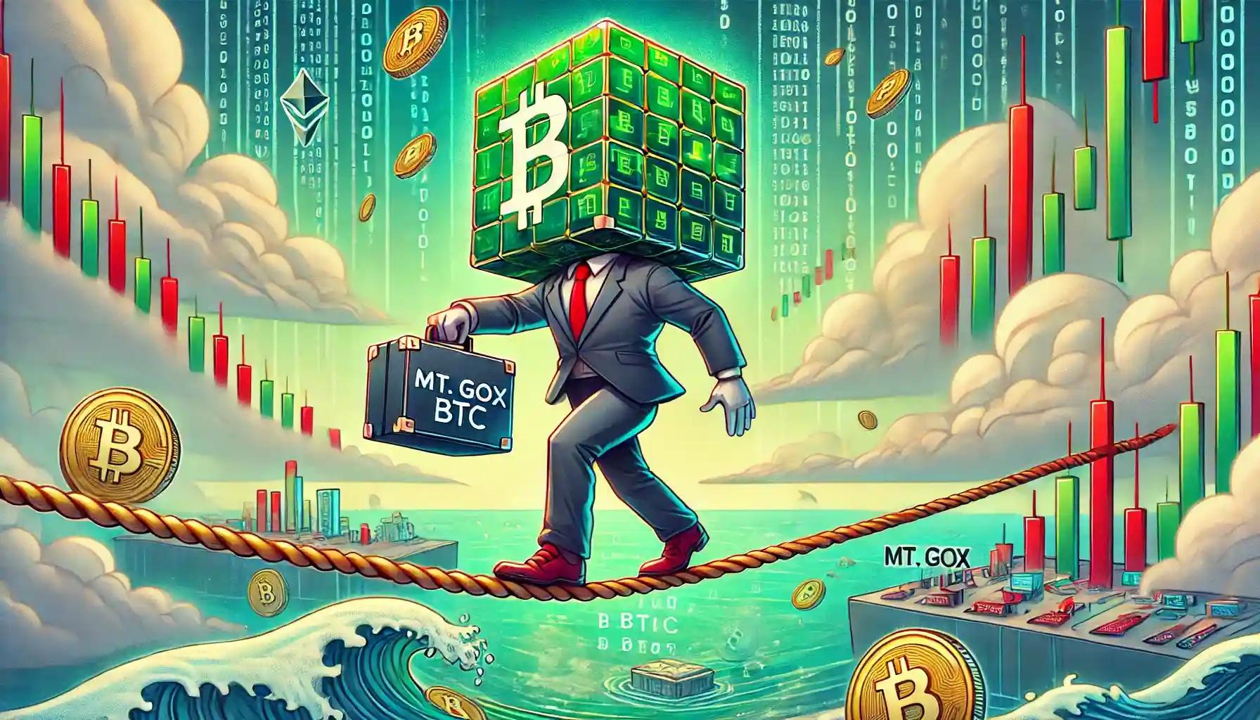 Cubic robot balances on blockchain tightrope, carrying Mt. Gox BTC briefcase