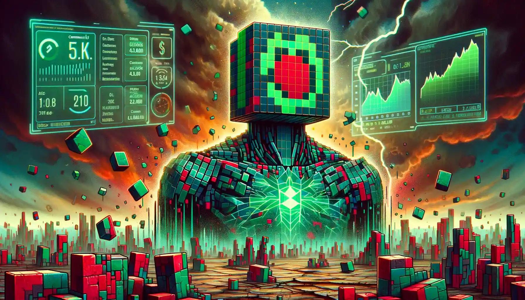 Cubic robot battlefield, shattered cubes, declining token holographics