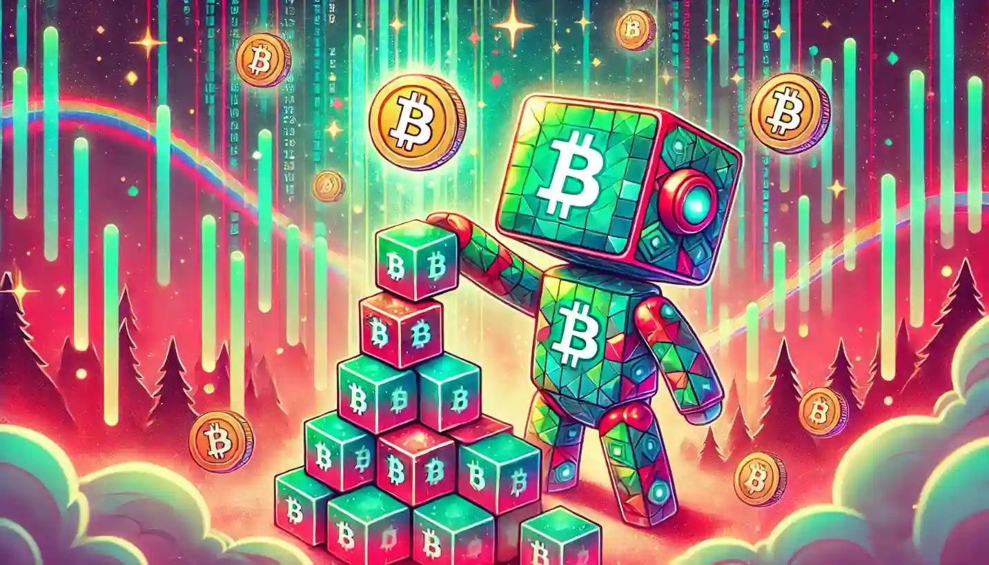 Cubic robot builds Bitcoin ETF, glowing blocks, serene forest