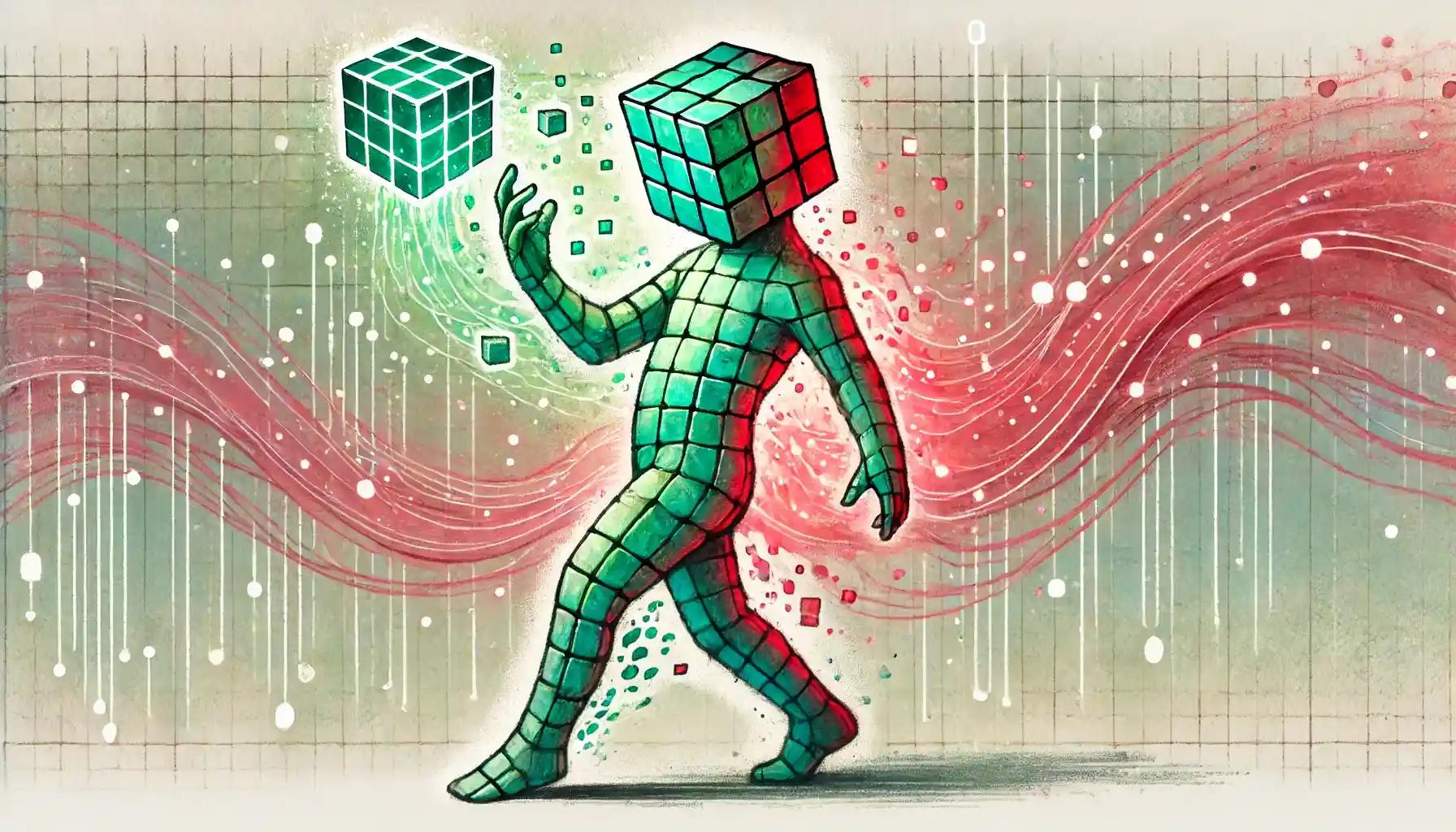 Cubic robot dances between glowing SNARK cubes