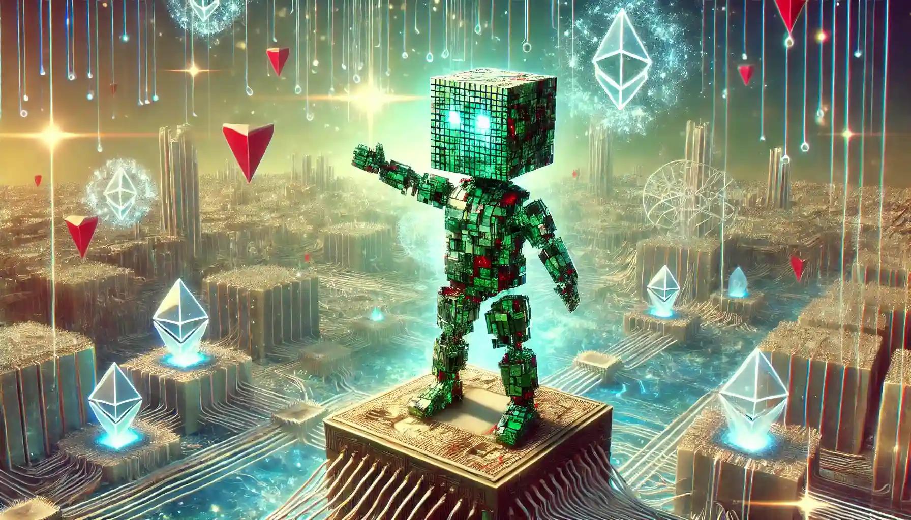 Cubic robot deflects binary attack on futuristic blockchain cityscape