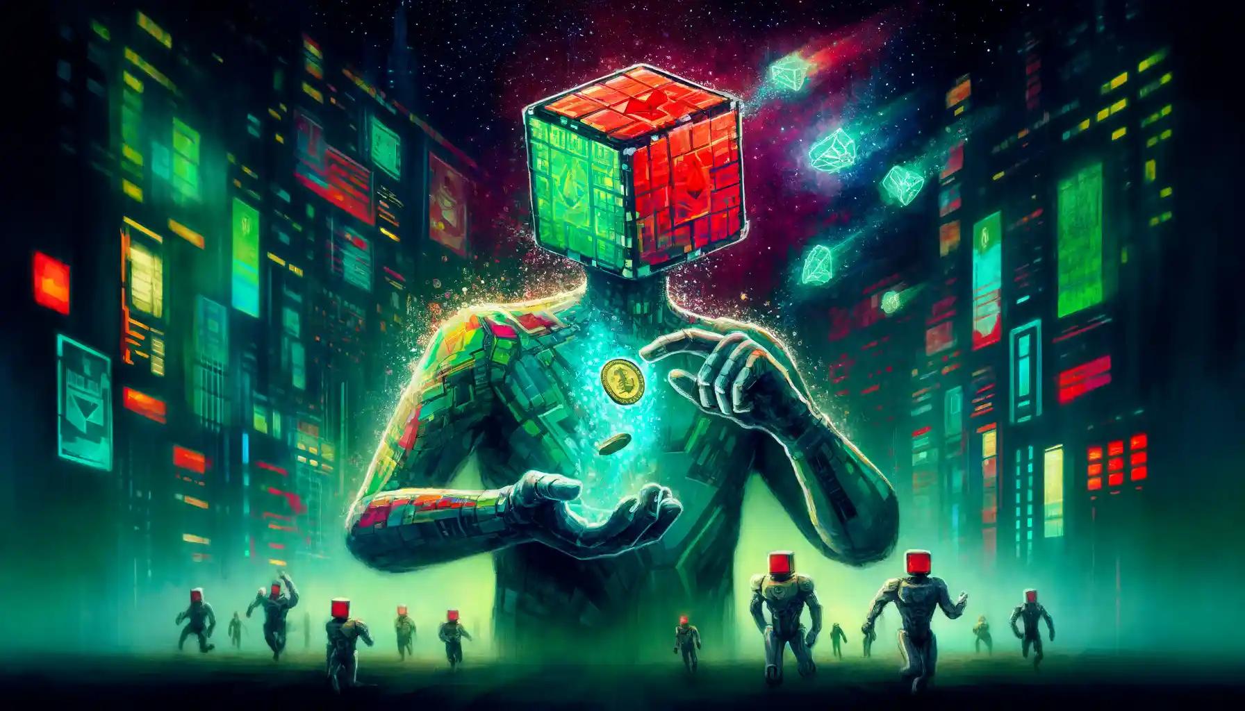 Cubic robot dispersing digital tokens during an EigenLayer event