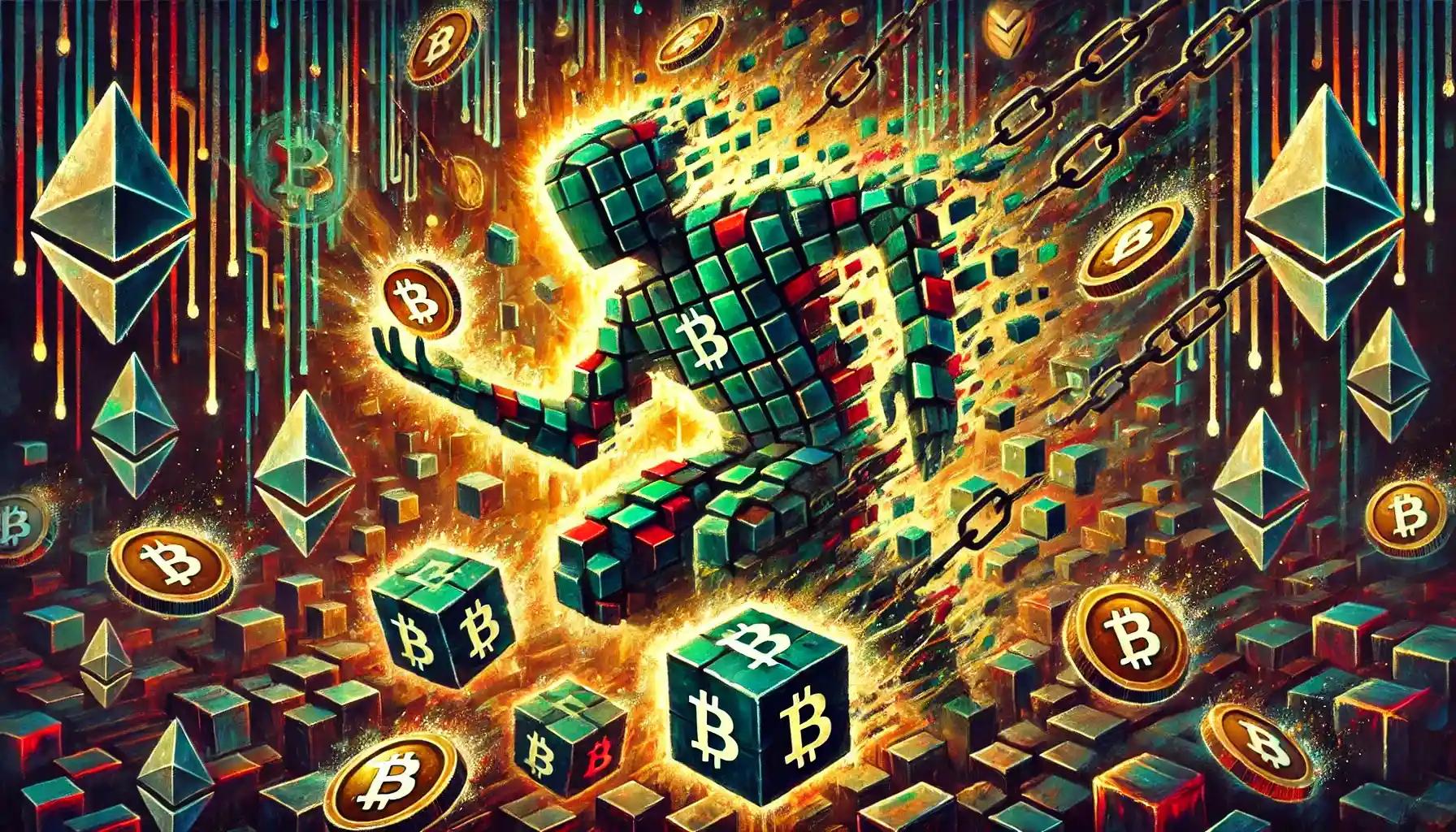 Cubic robot grabbing scattered crypto coins in a glitchy landscape