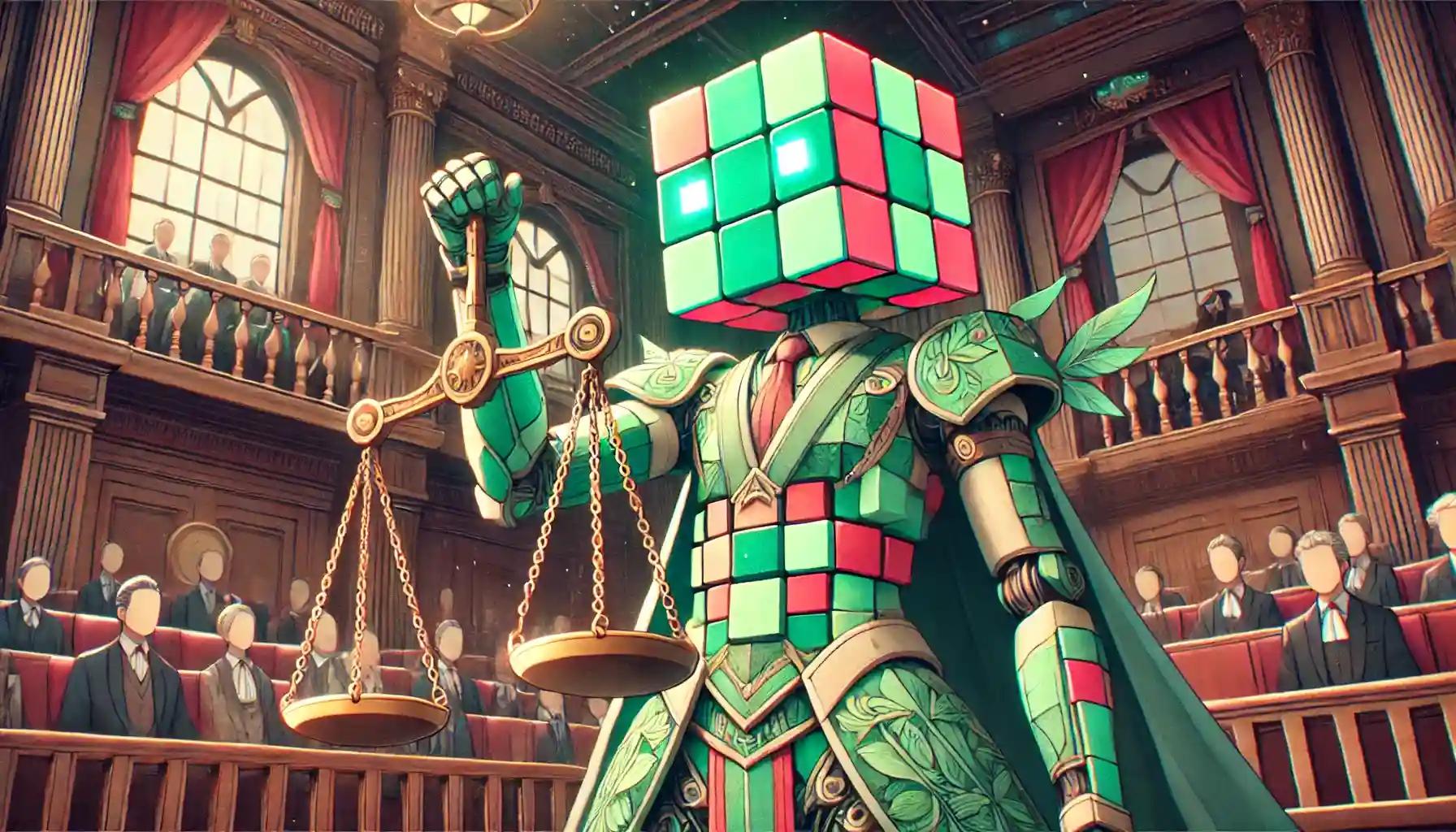Cubic robot holding scales in a lively courtroom