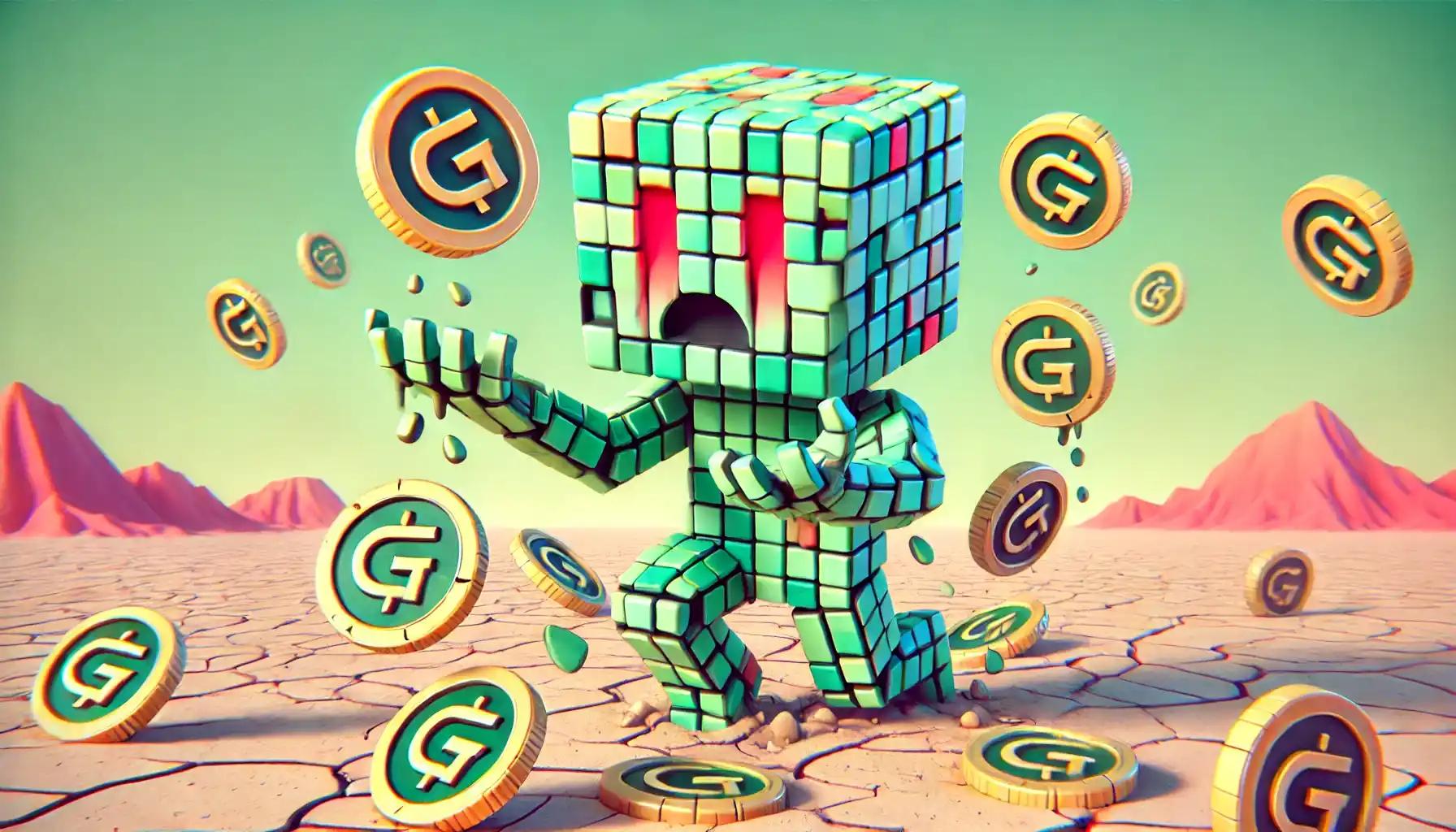 Cubic robot holds GFT tokens in a pastel desert