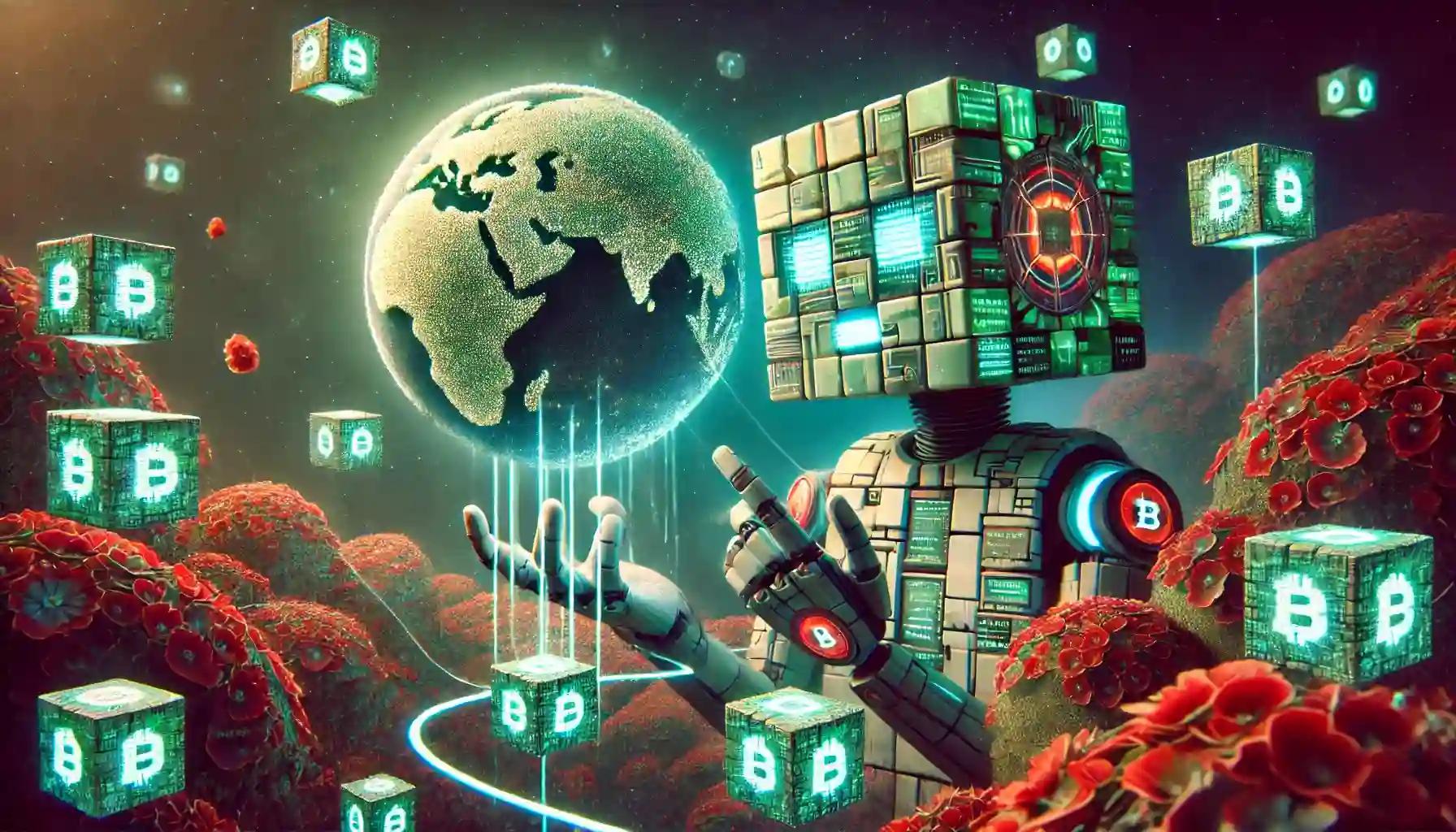Cubic robot interacts with blockchain globe in digital cryptocurrency garden