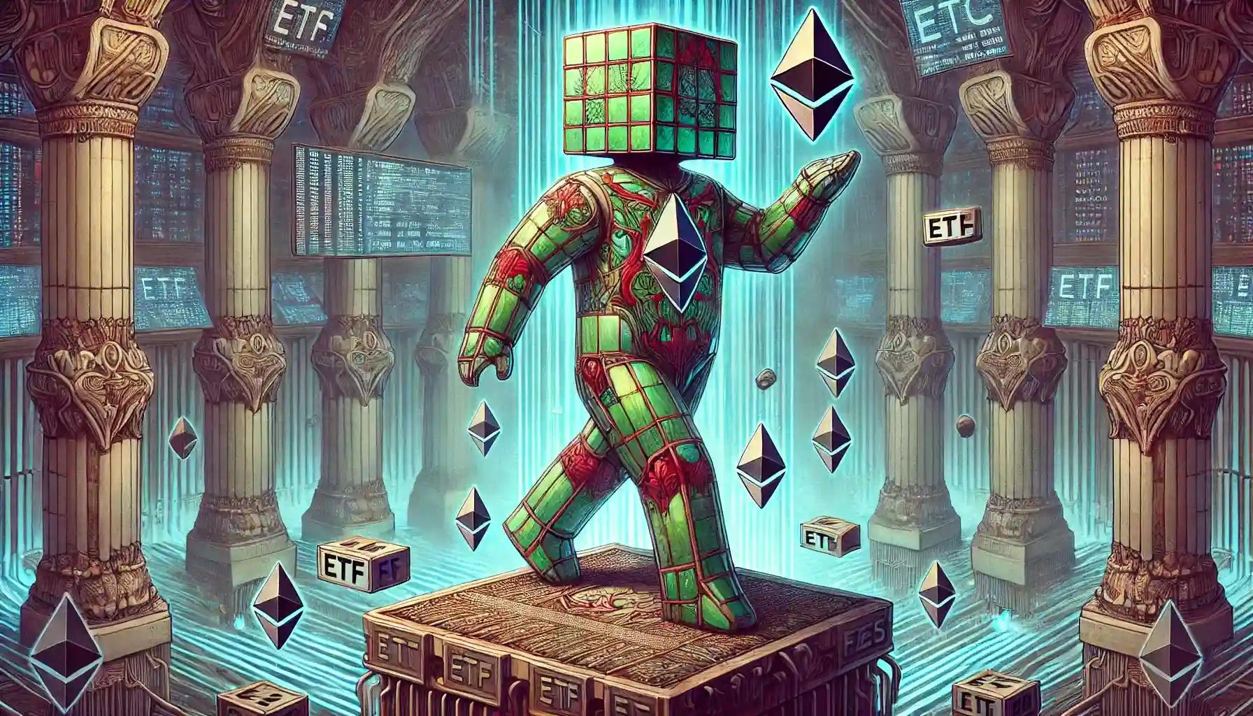 Cubic robot juggling ETF tokens on circuit board Ethereum ETF