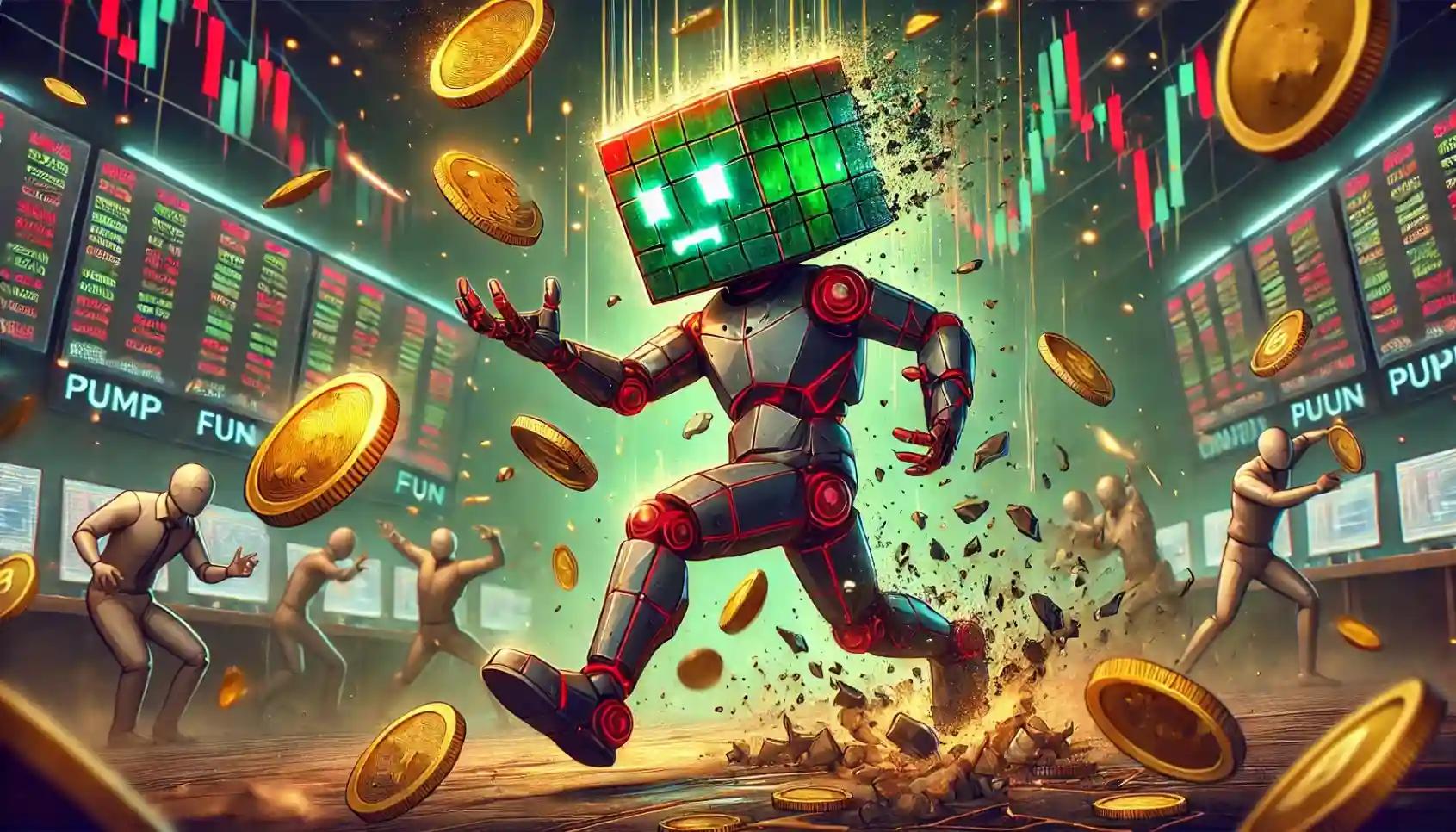 Cubic robot juggling collapsing coins amid crypto chaos