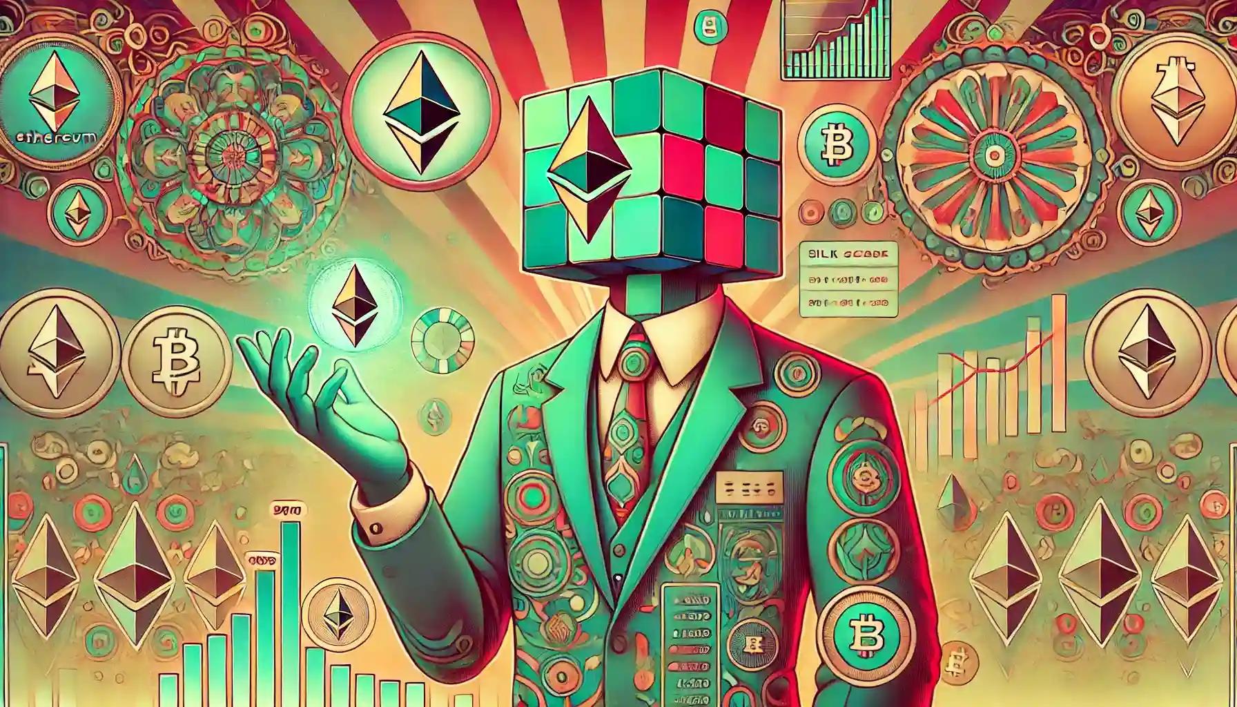 Cubic robot manipulating Ethereum data, digital currency backdrop