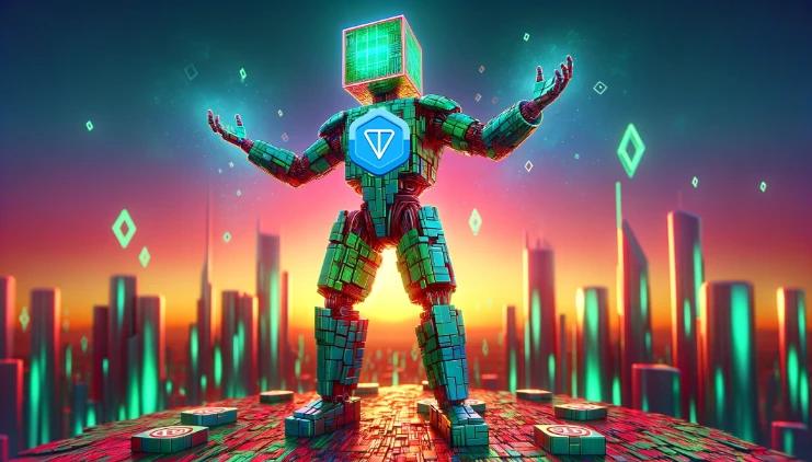 Cubic robot on digital currency platform with city skyline backdrop