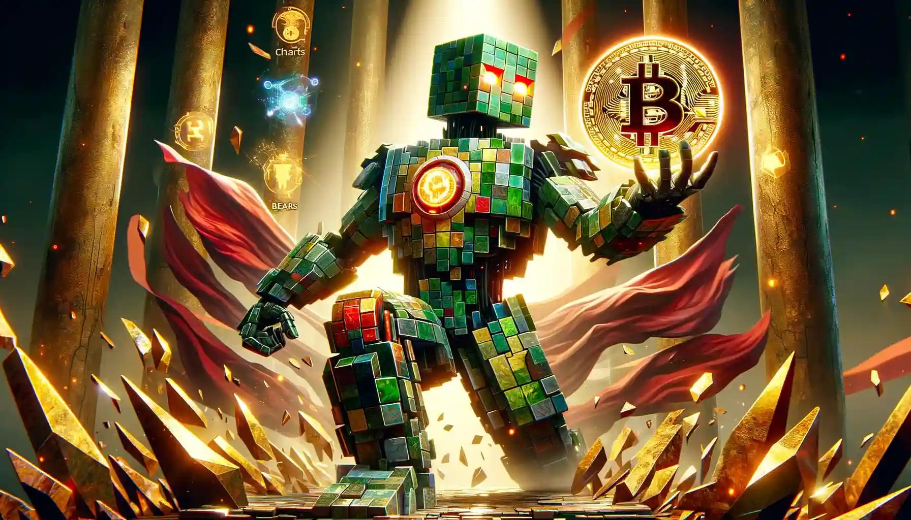 Cubic robot on golden shards holding glowing Bitcoin, cryptocurrency market