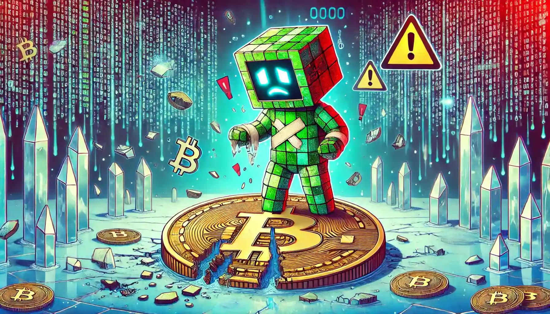 Cubic robot patches cracked crypto coin amid chaotic binary swirl