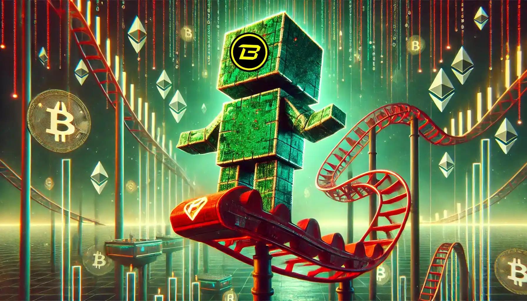 Cubic robot rides volatile cryptocurrency rollercoaster in surreal digital landscape