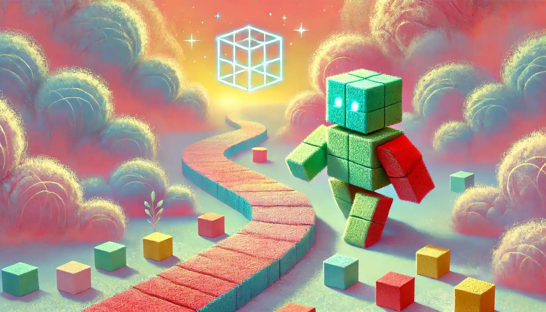 Cubic robot scaling pastel path with small regulatory cubes