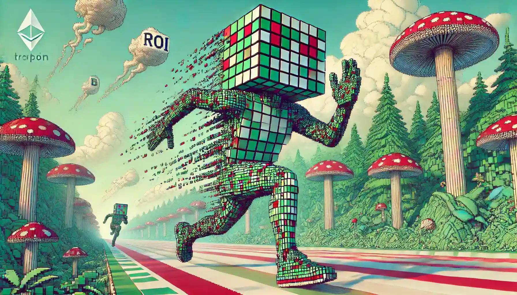 Cubic robot sprinting on polkadot racetrack through surreal crypto-jungle