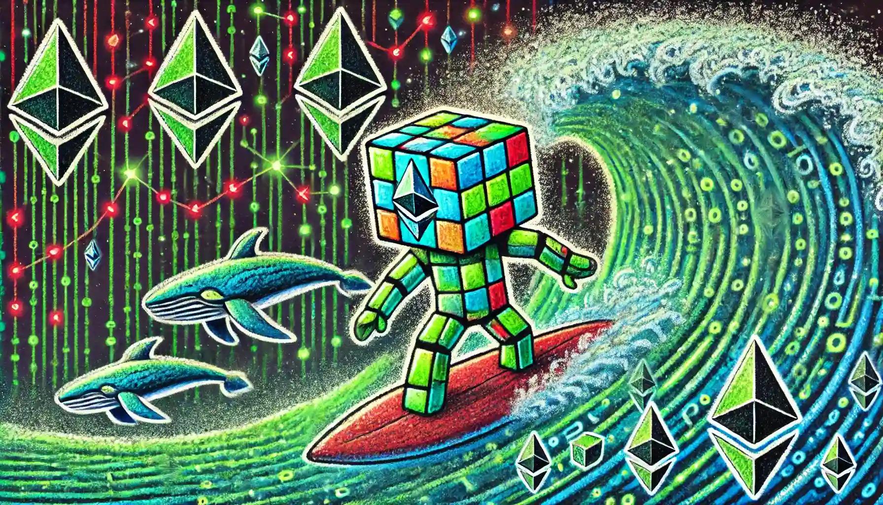 Cubic robot surfs code wave with Ethereum symbols and crypto whales
