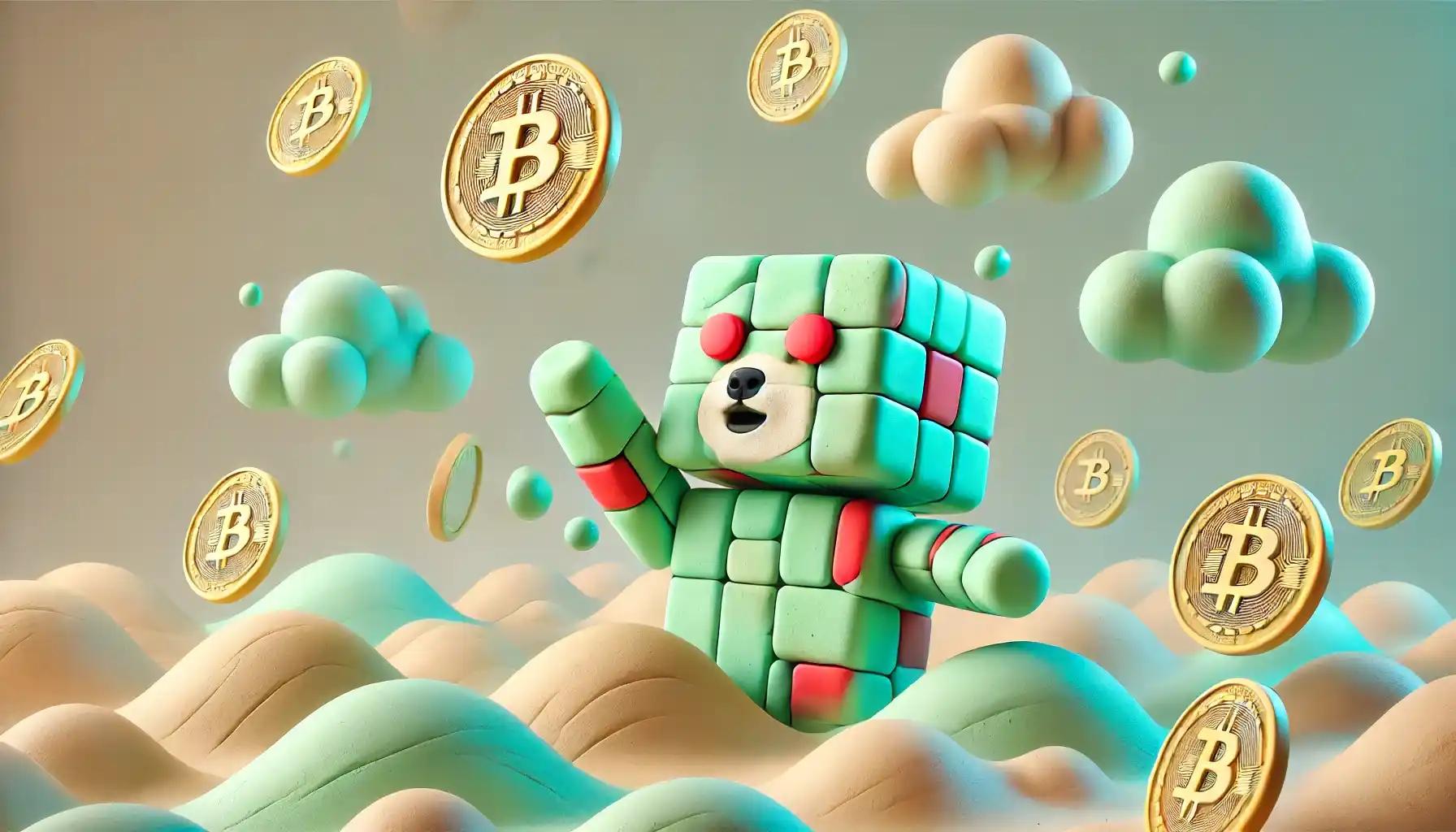 Cubic robot tosses Dogecoin in dreamy pastel clay-like landscape