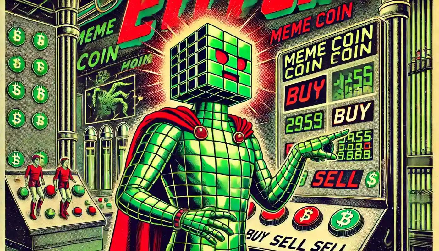 Cubic robot trading meme coins in a vintage sci-fi control room