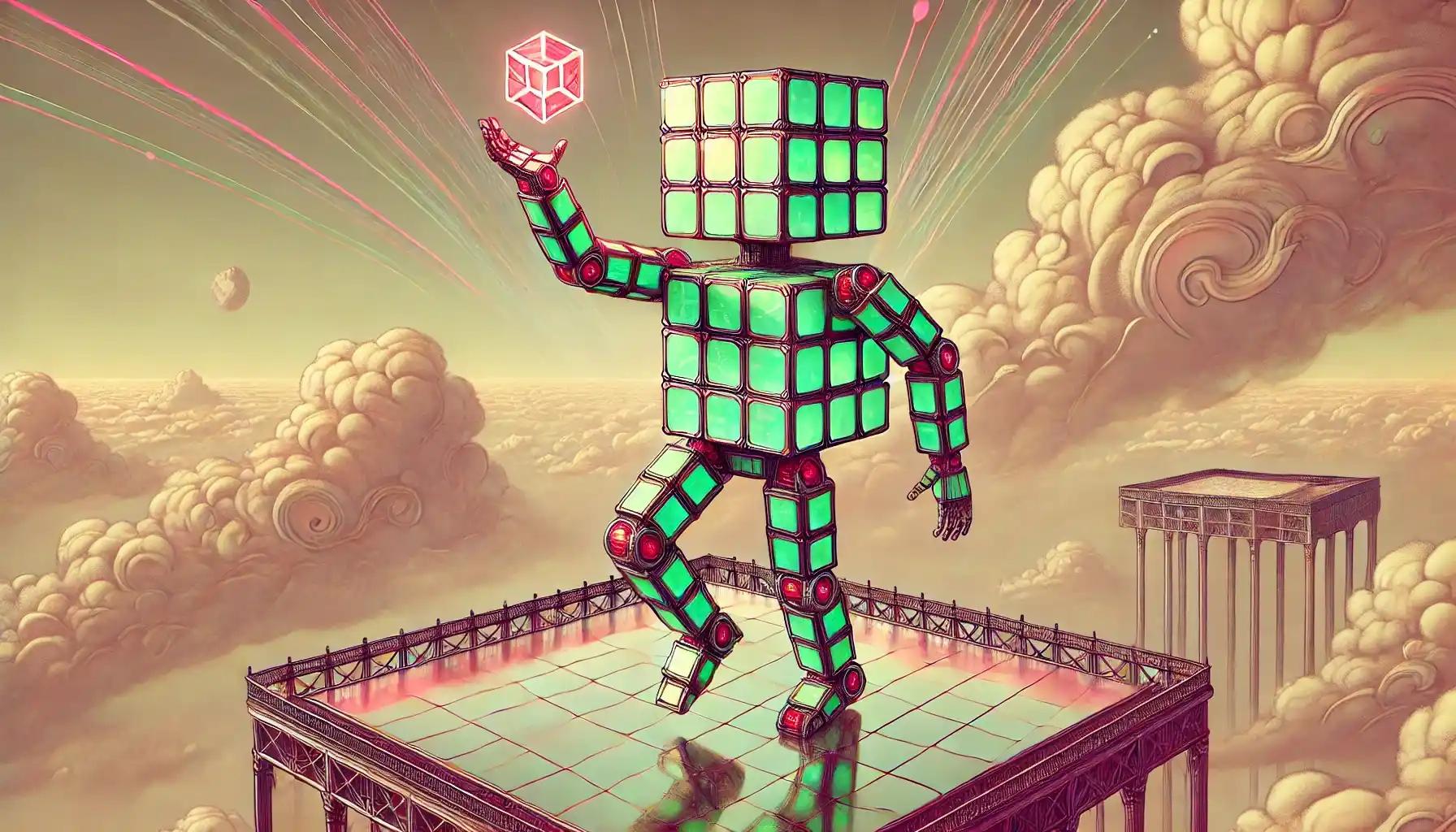 Cubic robot waving SCR token on a futuristic launch pad