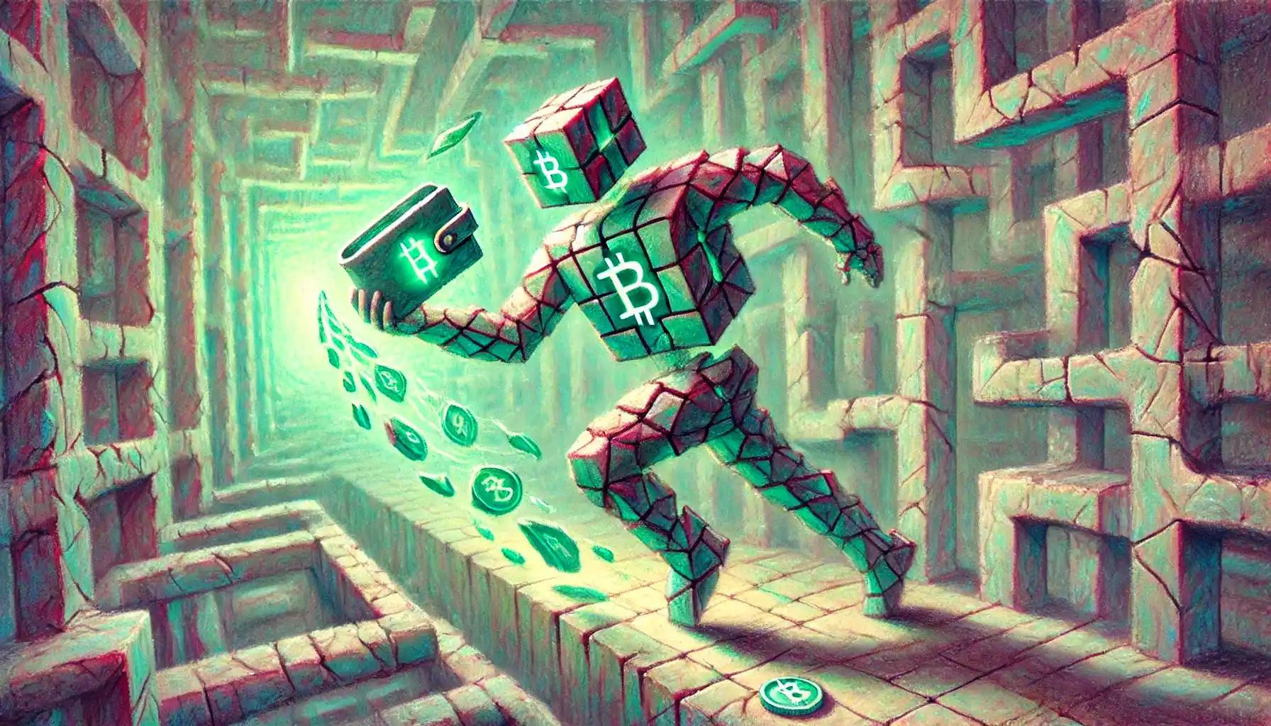 Cubic robot with breached wallet, pastel security barriers