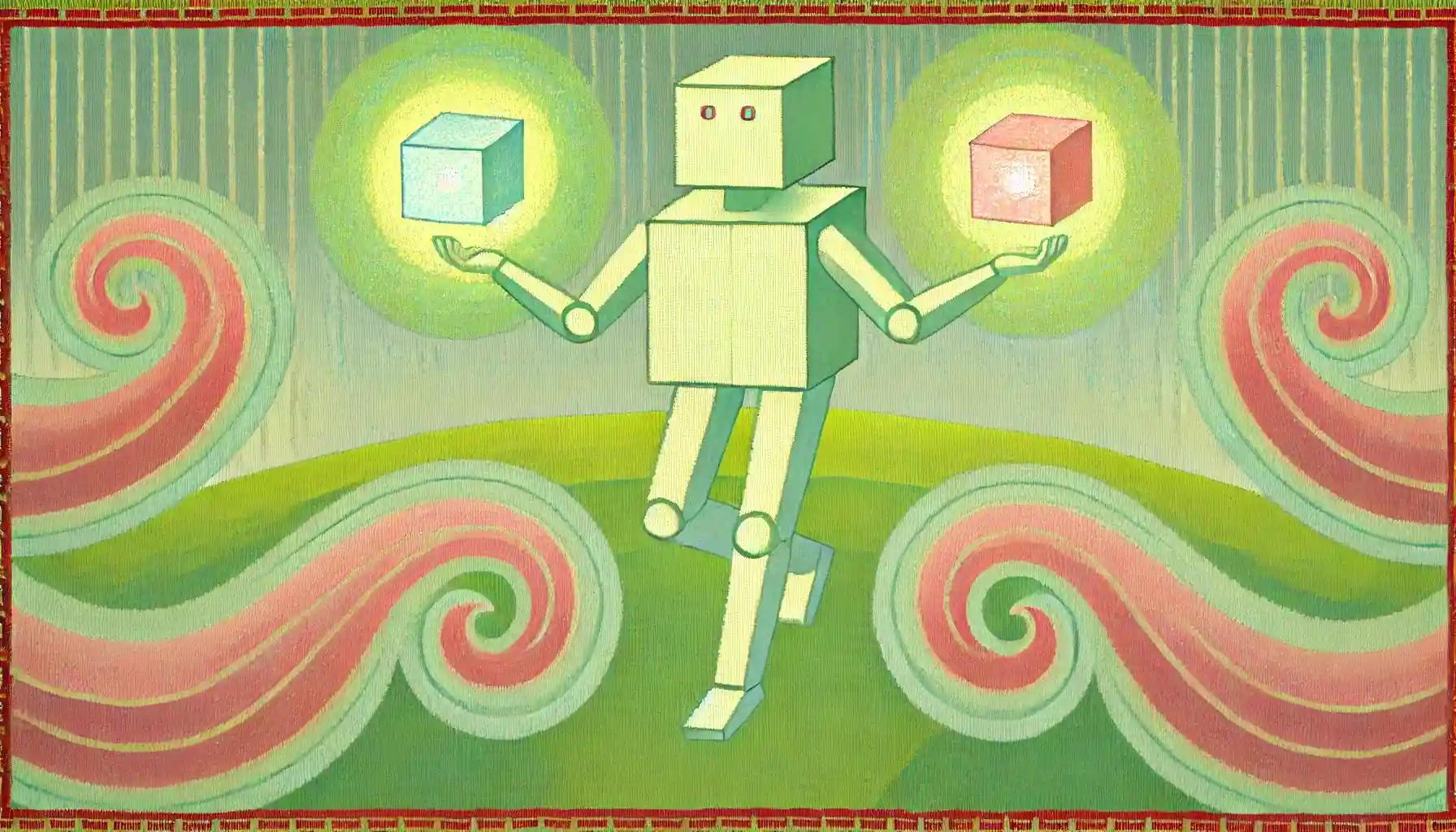 Cubic robot with tokens in hand, pastel field background