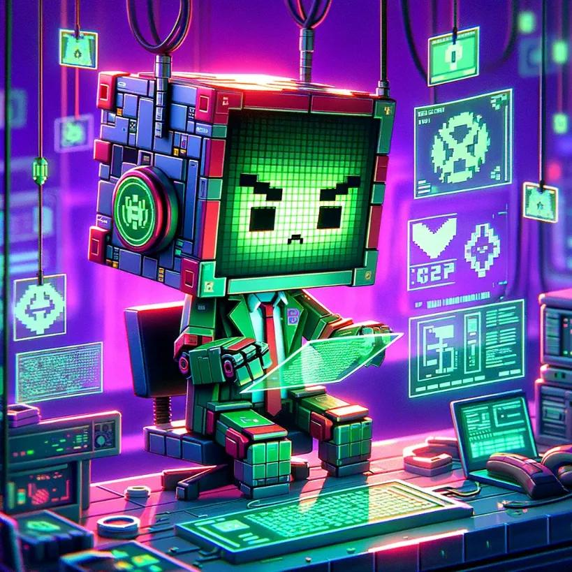 Cubic-styled robot as a digital detective in a cyberpunk VR office, investigating the XRP hack