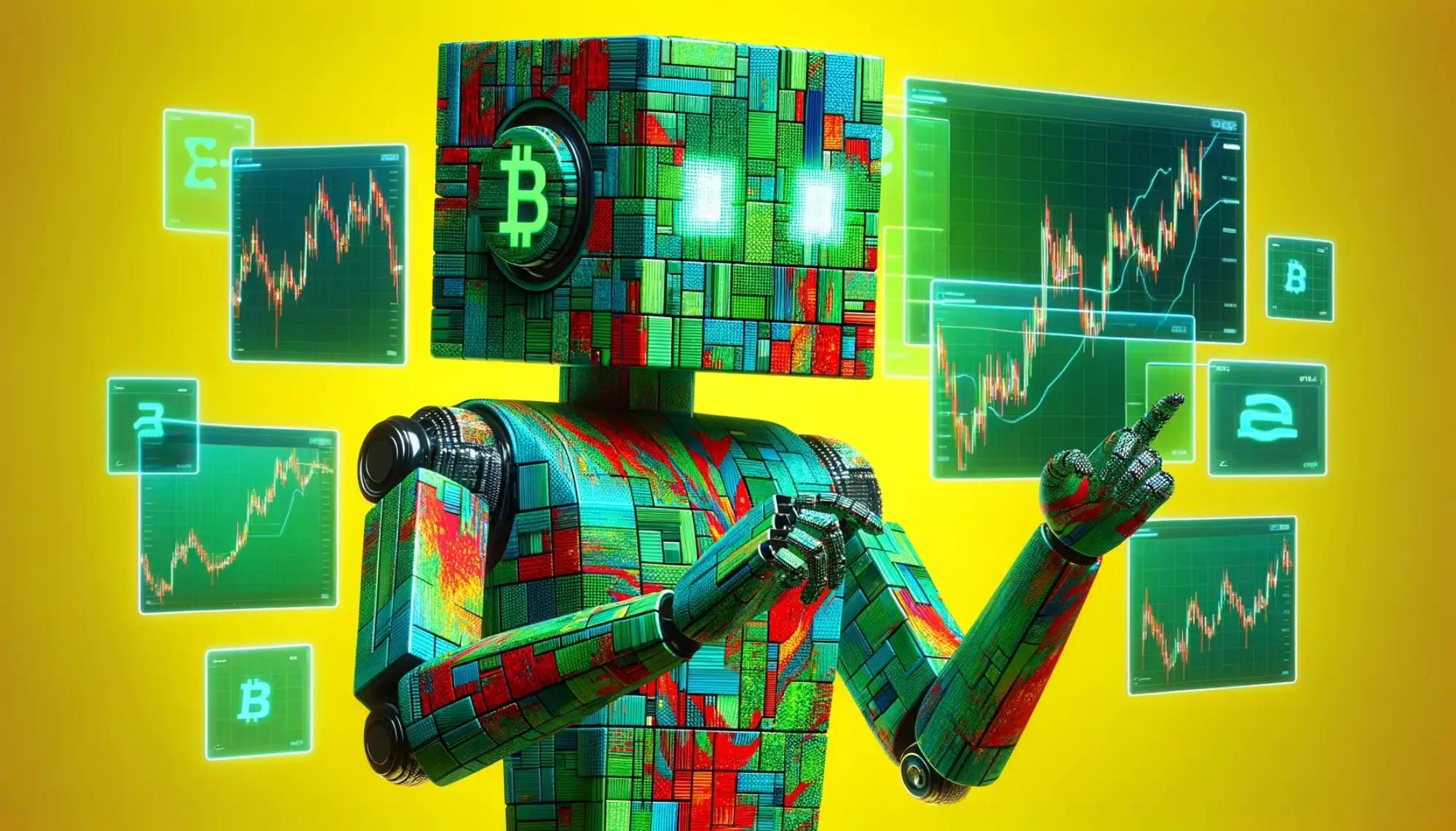 Cubic-styled robot interacting with virtual crypto market screens, embodying how to use a bot to trade crypto