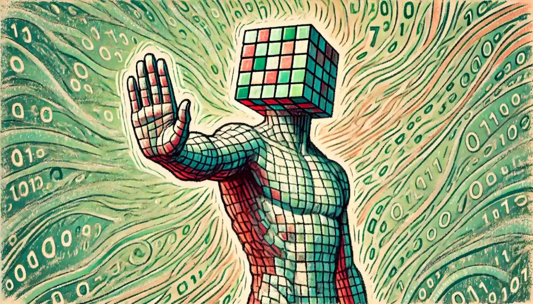 Cubic-styled robot rejects digital swirl in symbolic HBO documentary scene