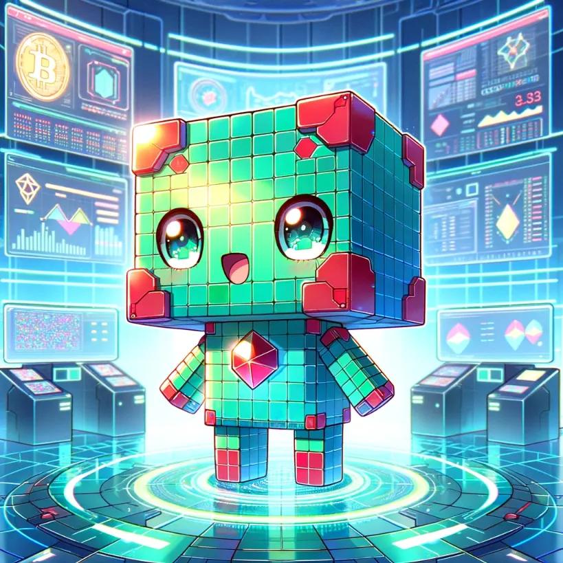Cute chibi cubic robot analyzing financial data on holographic screens in a futuristic setting
