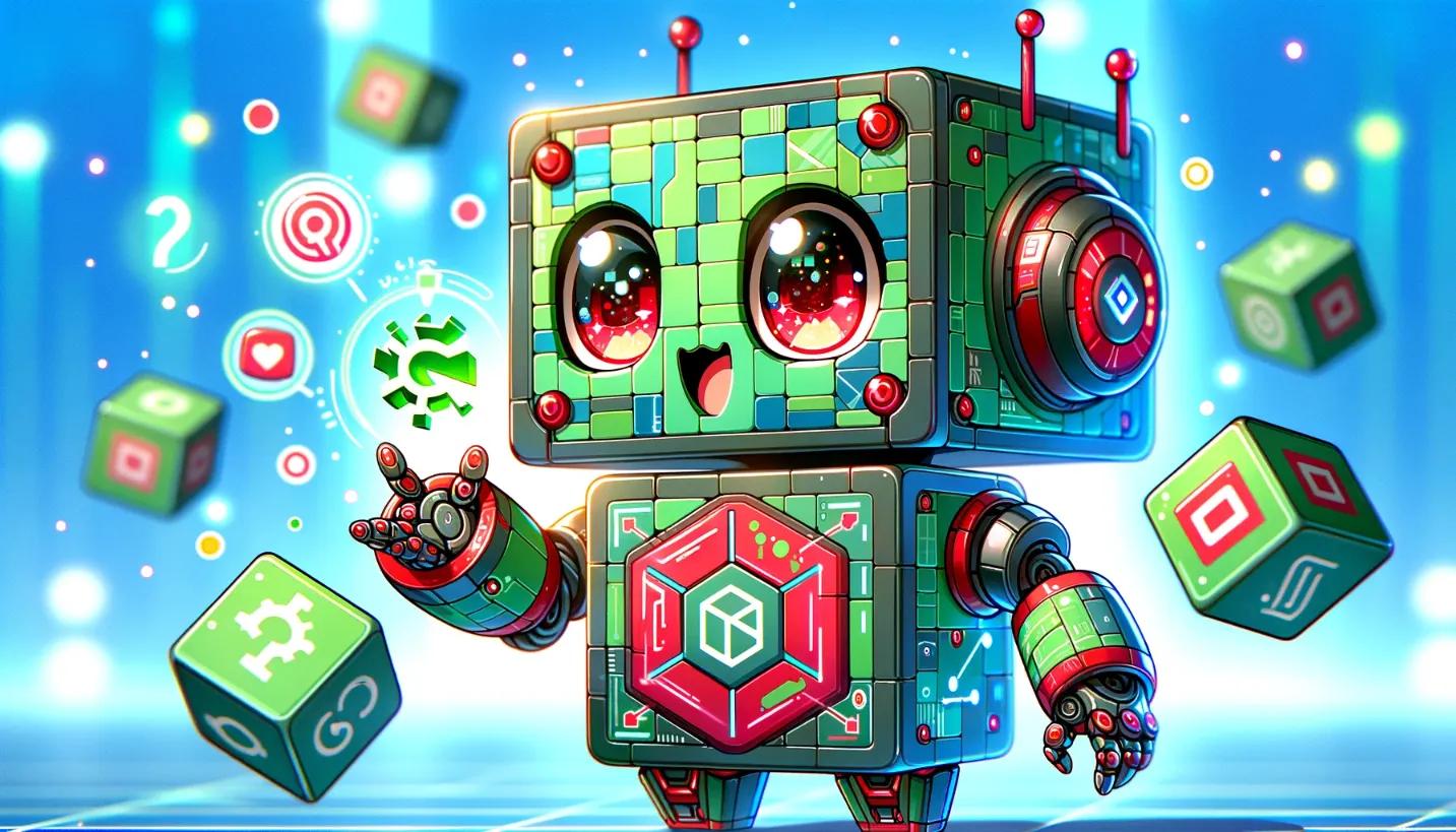 Cute chibi cubic robot demonstrating can I hold Solana in MetaMask in a lively, anime-inspired digital illustration