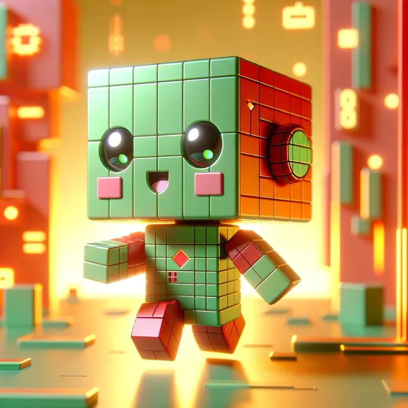 Cute chibi cubic robot with green and red design against a bright, abstract digital background