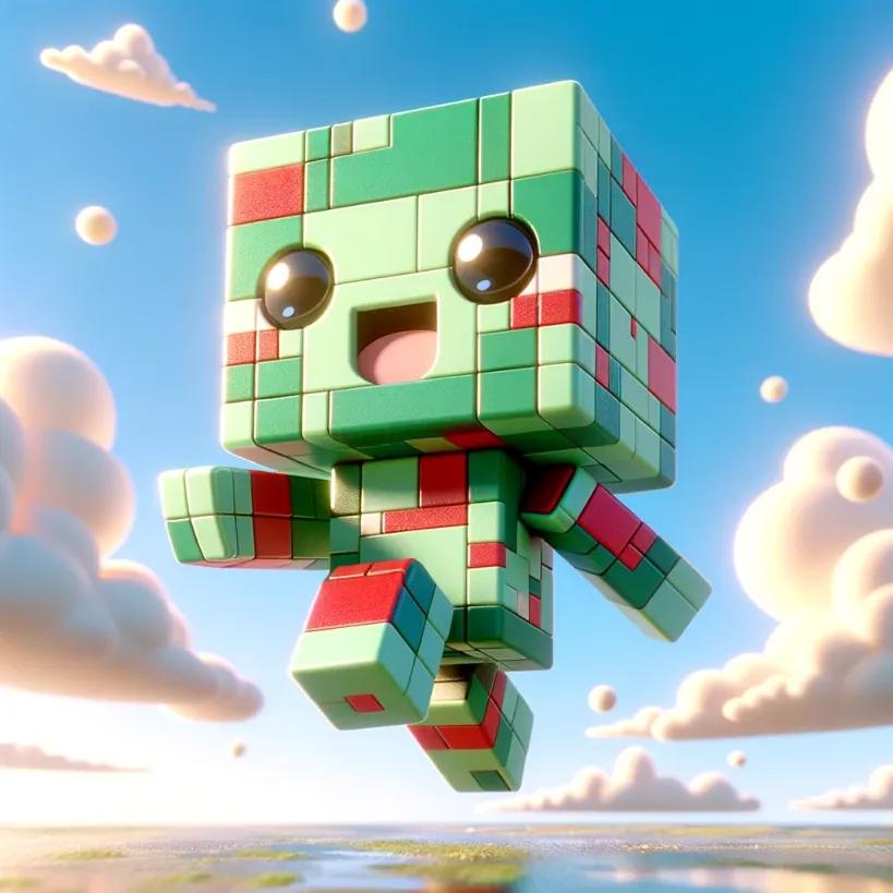 Cute chibi cubic-styled humanoid robot in Solana costume, joyfully leaping against a bright blue sky with fluffy clouds