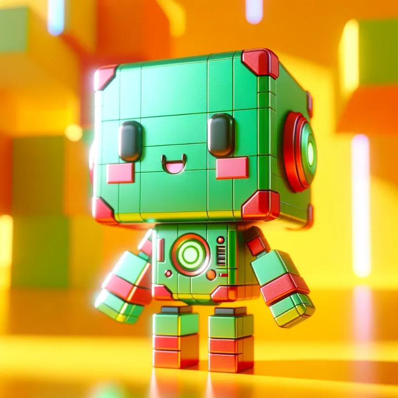 Cute chibi cubic-styled humanoid robot in green and red, with a bright yellow and orange background, symbolizing the dynamic nature of bitcoin etf