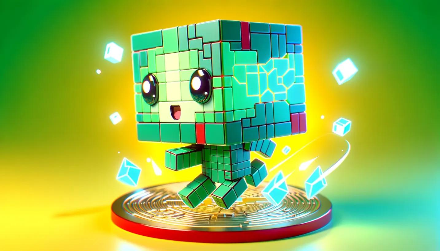 Cute chibi cubic-styled humanoid robot with green and red design, animatedly interacting with blockchain inscriptions