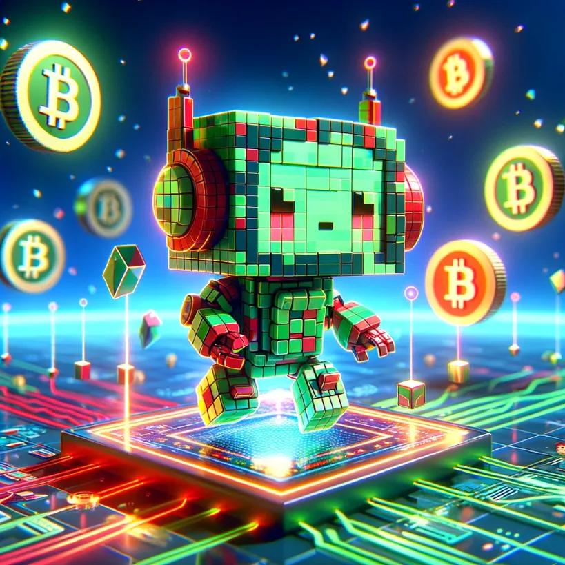 Cute chibi cubic-styled robot engaged in a virtual reality crypto trading game